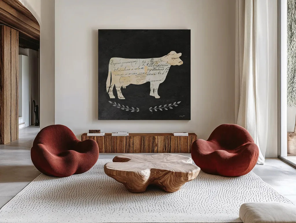 La Vache Cameo Sq no Words by Courtney Prahl. Shown as extra-large giant wall art in a modern living room. Available as an archival giclee rolled canvas, fine art paper, or poster print. SKU 21814a.