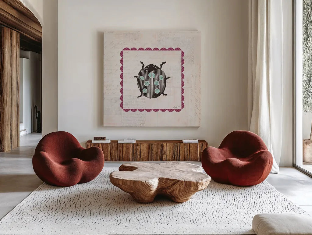 Ladybug Stamp Bright by Courtney Prahl. Shown as extra-large giant wall art in a modern living room. Available as an archival giclee rolled canvas, fine art paper, or poster print. SKU 42871a.