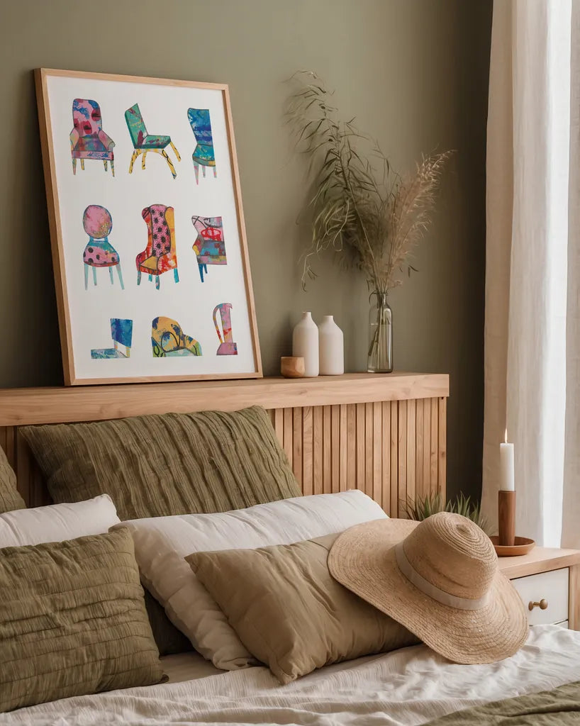 Mod Chair Chart by Courtney Prahl. shown as a paper print in a natural frame. Available as a archival giclee rolled canvas, fine art paper, or poster print. SKU 80598h.