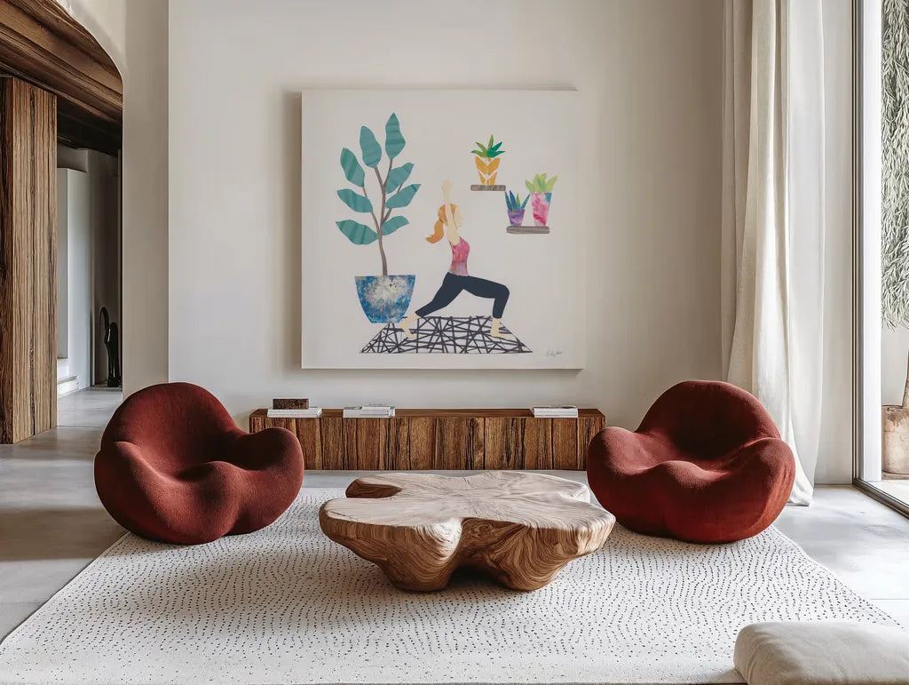 Namaste I by Courtney Prahl. Shown as extra-large giant wall art in a modern living room. Available as an archival giclee rolled canvas, fine art paper, or poster print. SKU 64264a.