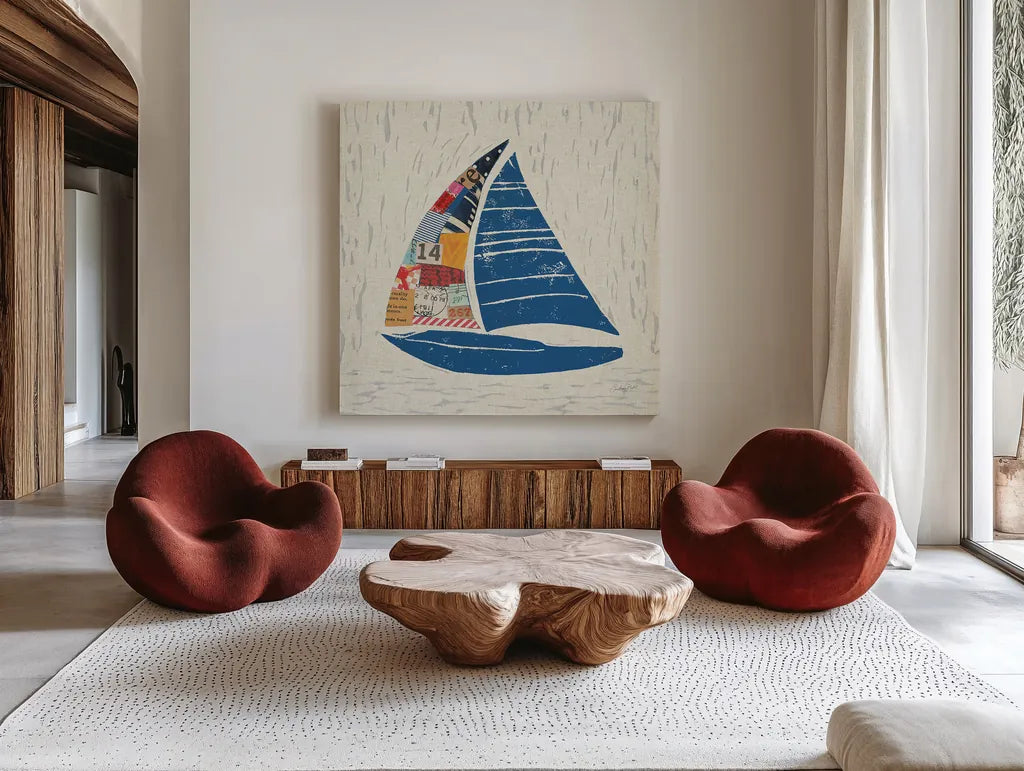 Nautical Collage IV on Linen by Courtney Prahl. Shown as extra-large giant wall art in a modern living room. Available as an archival giclee rolled canvas, fine art paper, or poster print. SKU 33863a.