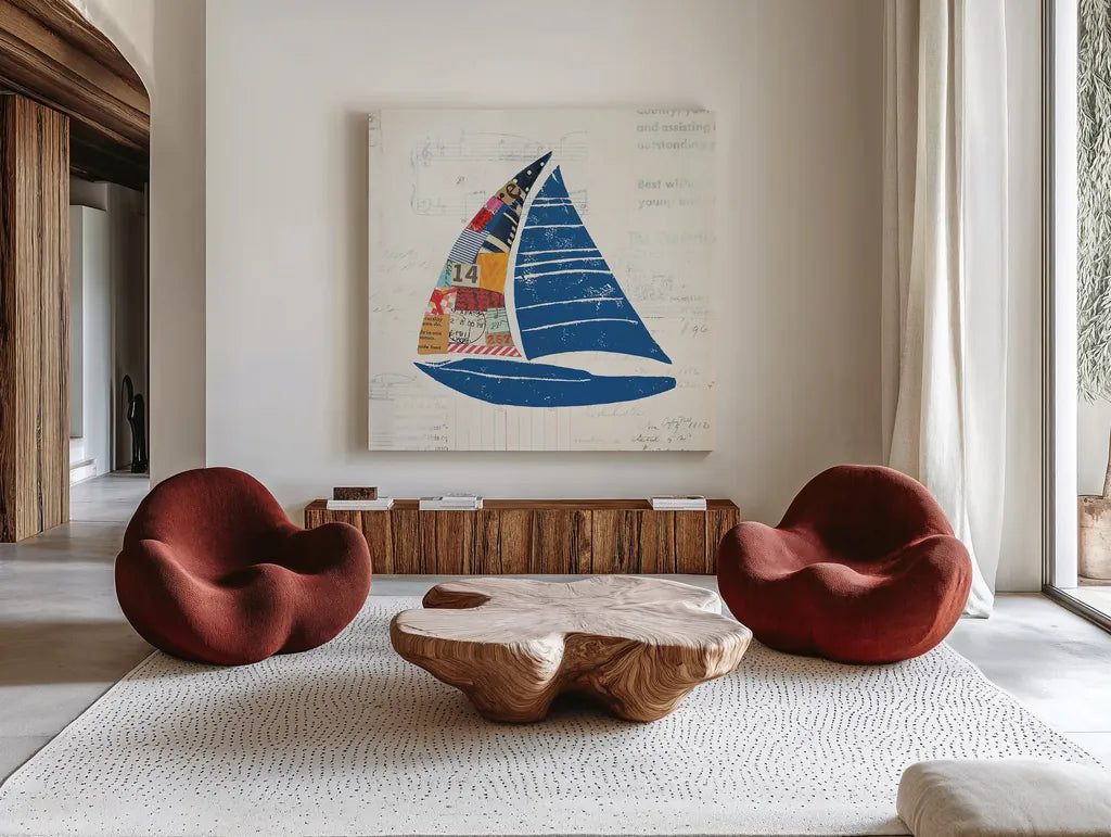Nautical Collage IV on Newsprint by Courtney Prahl. Shown as extra-large giant wall art in a modern living room. Available as an archival giclee rolled canvas, fine art paper, or poster print. SKU 33867a.
