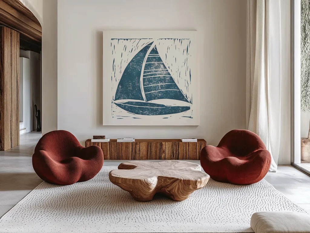 Nautical Collage on White IV by Courtney Prahl. Shown as extra-large giant wall art in a modern living room. Available as an archival giclee rolled canvas, fine art paper, or poster print. SKU 32807a.