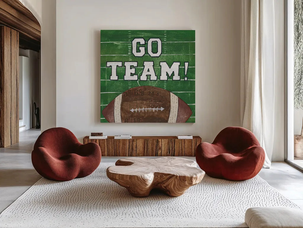On the Field I Go Team by Courtney Prahl. Shown as extra-large giant wall art in a modern living room. Available as an archival giclee rolled canvas, fine art paper, or poster print. SKU 32958a.