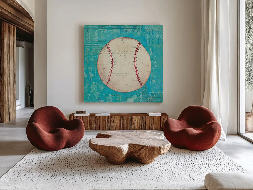Play Ball I Bright by Courtney Prahl. Shown as extra-large giant wall art in a modern living room. Available as an archival giclee rolled canvas, fine art paper, or poster print. SKU 52409a.