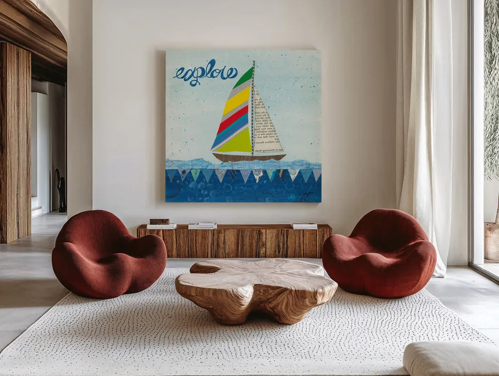 Rainbow Spinnakers IV by Courtney Prahl. Shown as extra-large giant wall art in a modern living room. Available as an archival giclee rolled canvas, fine art paper, or poster print. SKU 37519a.