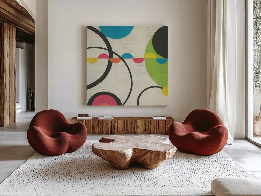 Roundabout II by Courtney Prahl. Shown as extra-large giant wall art in a modern living room. Available as an archival giclee rolled canvas, fine art paper, or poster print. SKU 44173a.