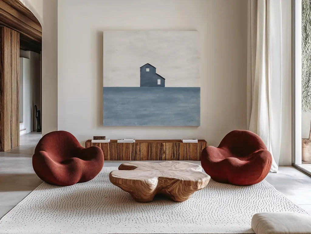 Rural Simplicity I Blue by Courtney Prahl. Shown as extra-large giant wall art in a modern living room. Available as an archival giclee rolled canvas, fine art paper, or poster print. SKU 80506a.