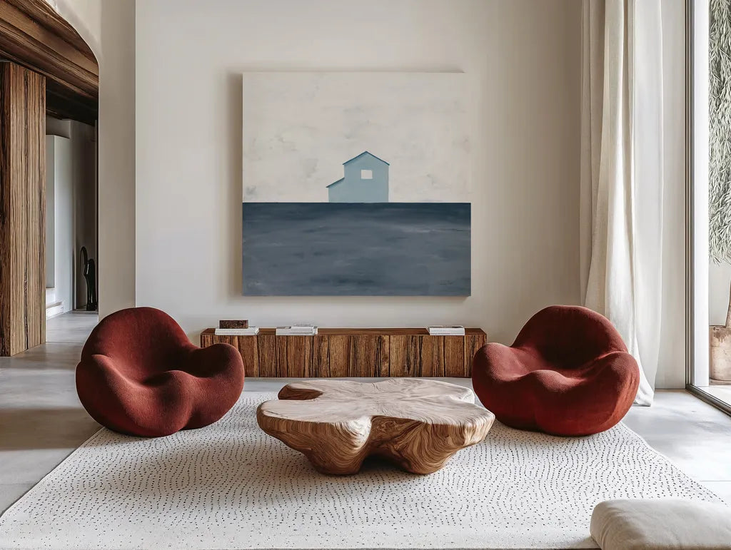Rural Simplicity IV Blue by Courtney Prahl. Shown as extra-large giant wall art in a modern living room. Available as an archival giclee rolled canvas, fine art paper, or poster print. SKU 80507a.