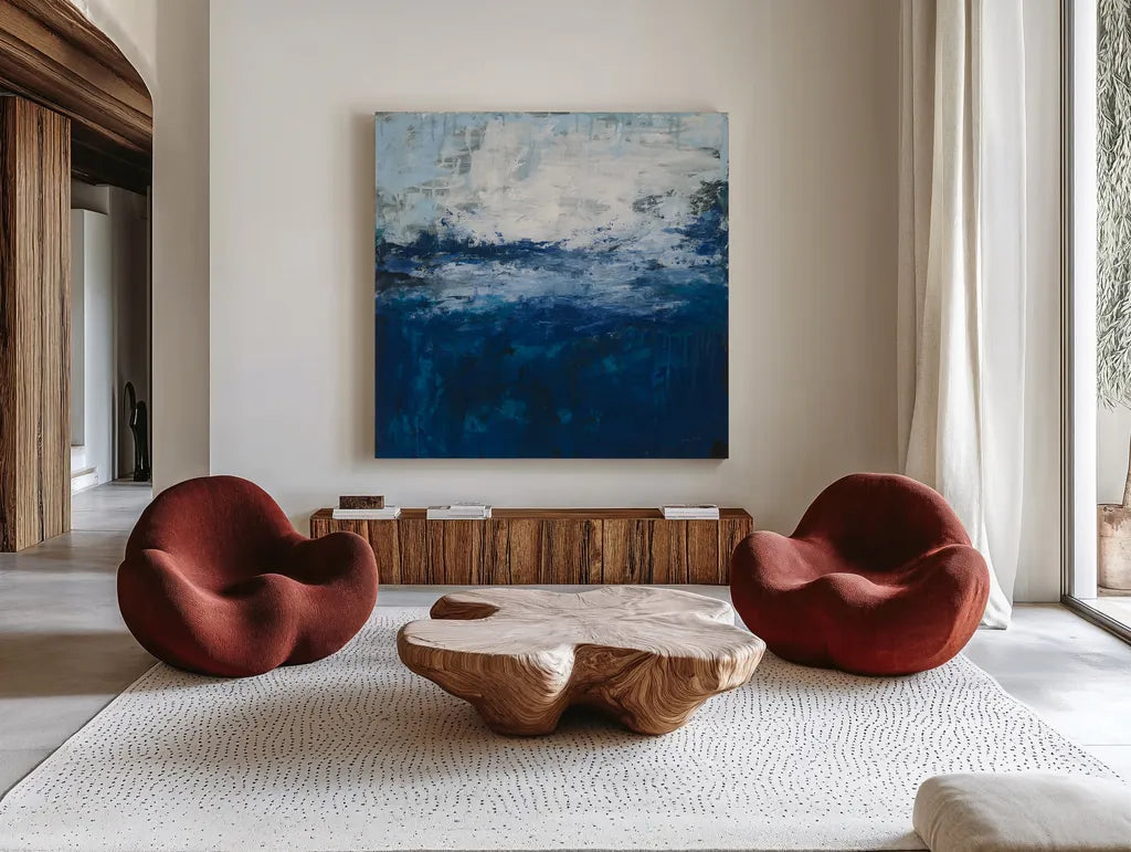 Seaside Escape I by Courtney Prahl. Shown as extra-large giant wall art in a modern living room. Available as an archival giclee rolled canvas, fine art paper, or poster print. SKU 61963a.