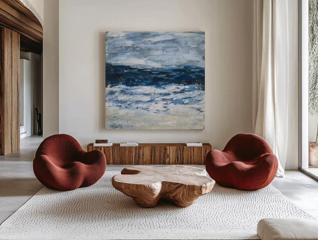 Seaside Escape II by Courtney Prahl. Shown as extra-large giant wall art in a modern living room. Available as an archival giclee rolled canvas, fine art paper, or poster print. SKU 61964a.