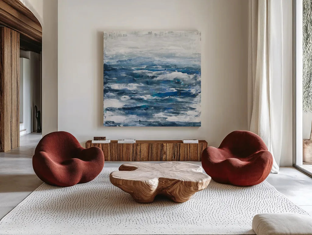Seaside Escape III by Courtney Prahl. Shown as extra-large giant wall art in a modern living room. Available as an archival giclee rolled canvas, fine art paper, or poster print. SKU 61965a.