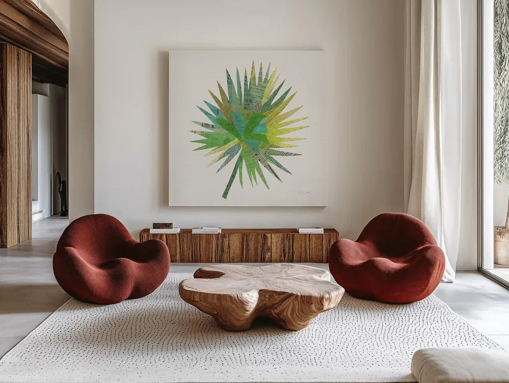 Tropical Fun Palms IIII by Courtney Prahl. Shown as extra-large giant wall art in a modern living room. Available as an archival giclee rolled canvas, fine art paper, or poster print. SKU 35699a.