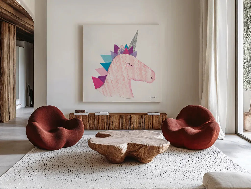 Unicorn Power I by Courtney Prahl. Shown as extra-large giant wall art in a modern living room. Available as an archival giclee rolled canvas, fine art paper, or poster print. SKU 41586a.
