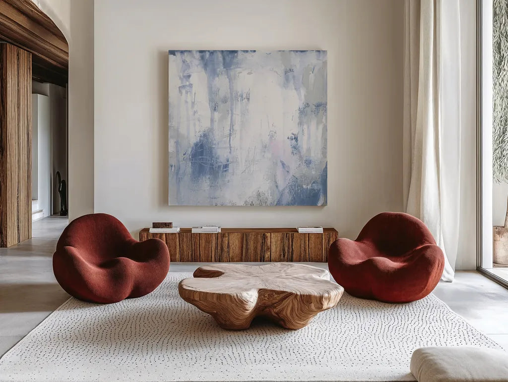 White Out I by Courtney Prahl. Shown as extra-large giant wall art in a modern living room. Available as an archival giclee rolled canvas, fine art paper, or poster print. SKU 64279a.
