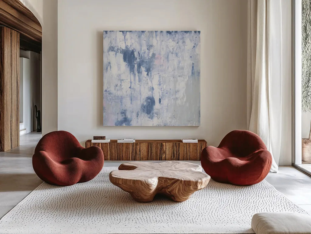 White Out II by Courtney Prahl. Shown as extra-large giant wall art in a modern living room. Available as an archival giclee rolled canvas, fine art paper, or poster print. SKU 64280a.