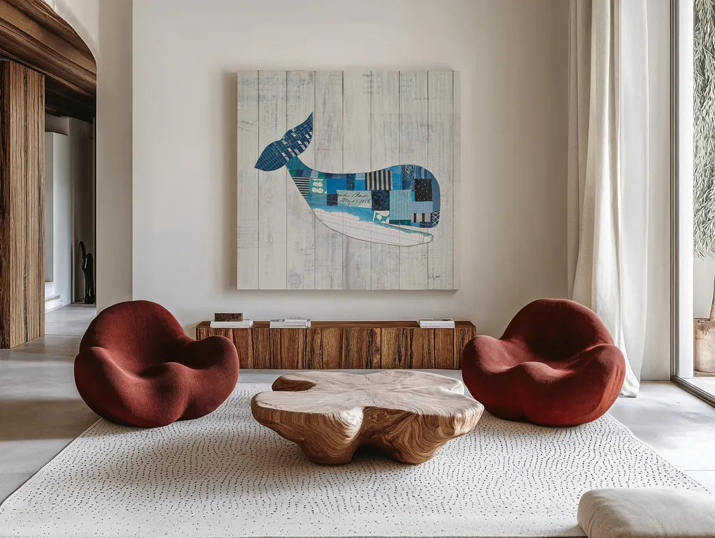 Wind and Waves II Nautical by Courtney Prahl. Shown as extra-large giant wall art in a modern living room. Available as an archival giclee rolled canvas, fine art paper, or poster print. SKU 24265a.