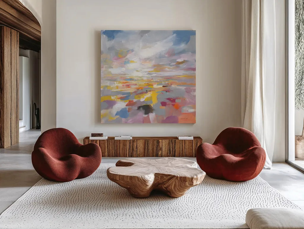 A Colorful Land by Danhui Nai. Shown as extra-large giant wall art in a modern living room. Available as an archival giclee rolled canvas, fine art paper, or poster print. SKU 69061a.