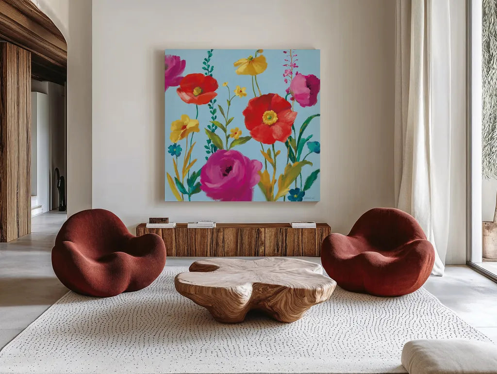 A Row of Brilliance by Danhui Nai. Shown as extra-large giant wall art in a modern living room. Available as an archival giclee rolled canvas, fine art paper, or poster print. SKU 90704a.