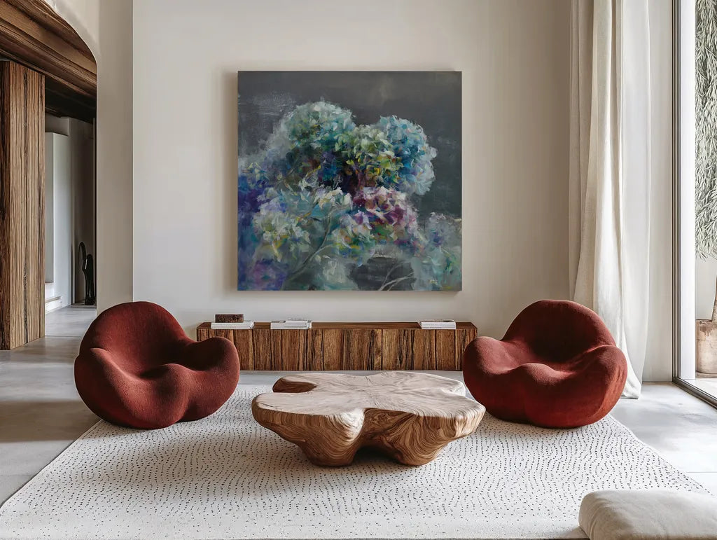 Abstract Hydrangea Dark by Danhui Nai. Shown as extra-large giant wall art in a modern living room. Available as an archival giclee rolled canvas, fine art paper, or poster print. SKU 46135a.