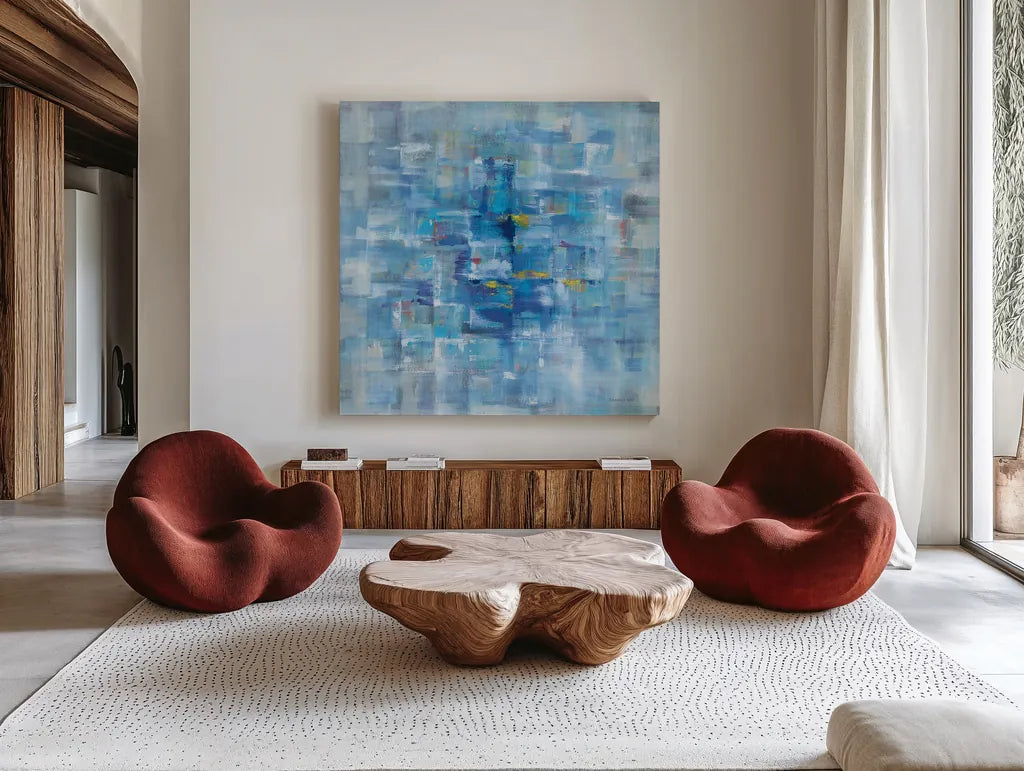 Abstract Squares Blue by Danhui Nai. Shown as extra-large giant wall art in a modern living room. Available as an archival giclee rolled canvas, fine art paper, or poster print. SKU 49976a.