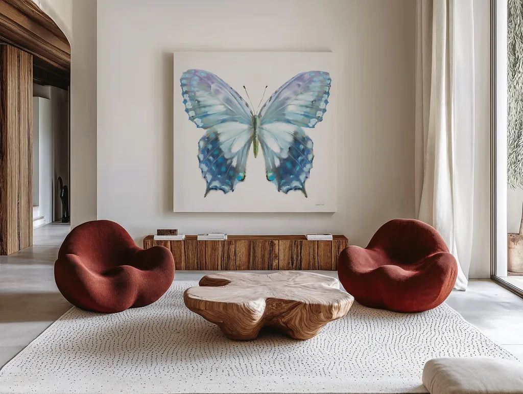 Aflutter I by Danhui Nai. Shown as extra-large giant wall art in a modern living room. Available as an archival giclee rolled canvas, fine art paper, or poster print. SKU 81360a.