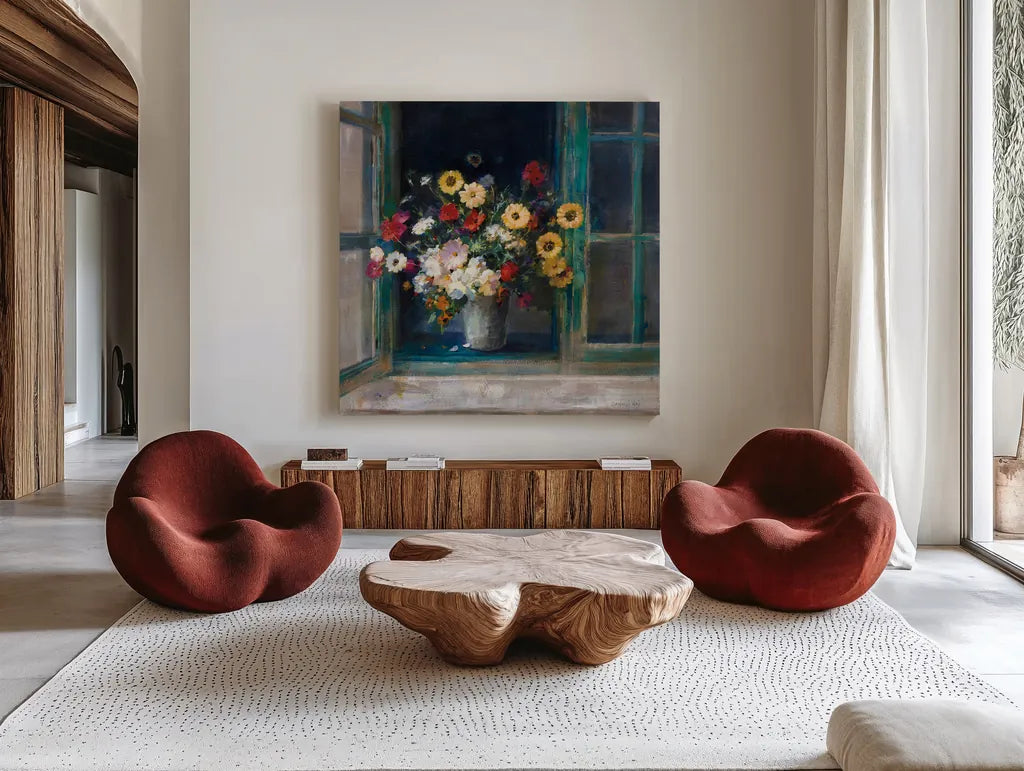 All Abloom by Danhui Nai. Shown as extra-large giant wall art in a modern living room. Available as an archival giclee rolled canvas, fine art paper, or poster print. SKU 68644a.
