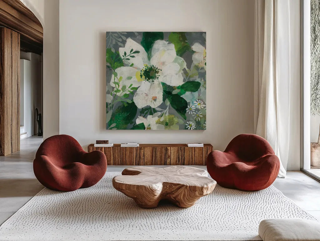 Anemone and Friends III by Danhui Nai. Shown as extra-large giant wall art in a modern living room. Available as an archival giclee rolled canvas, fine art paper, or poster print. SKU 54957a.