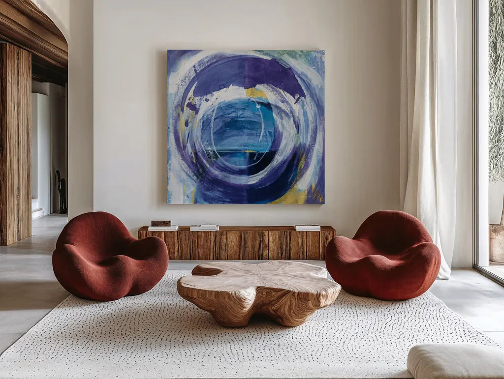 Around the World by Danhui Nai. Shown as extra-large giant wall art in a modern living room. Available as an archival giclee rolled canvas, fine art paper, or poster print. SKU 74117a.