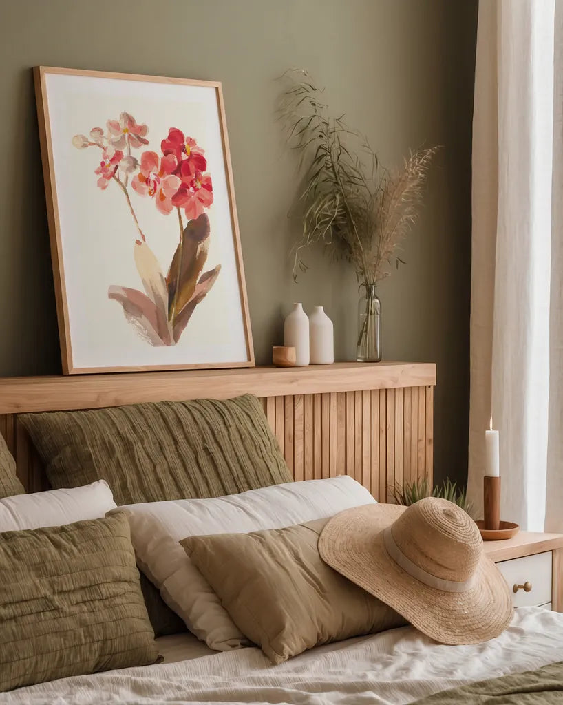 Autumn Orchid II by Danhui Nai. shown as a paper print in a natural frame. Available as a archival giclee rolled canvas, fine art paper, or poster print. SKU 75560h.