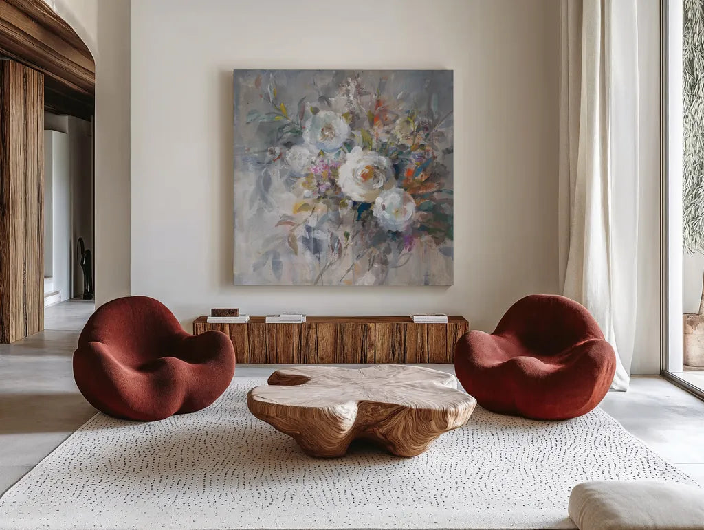 Autumn in Bloom by Danhui Nai. Shown as extra-large giant wall art in a modern living room. Available as an archival giclee rolled canvas, fine art paper, or poster print. SKU 66240a.