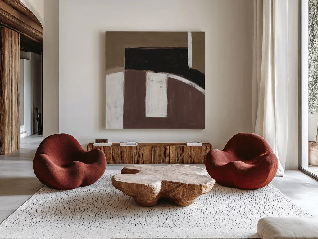 Balancing Act Brown by Danhui Nai. Shown as extra-large giant wall art in a modern living room. Available as an archival giclee rolled canvas, fine art paper, or poster print. SKU 85457a.