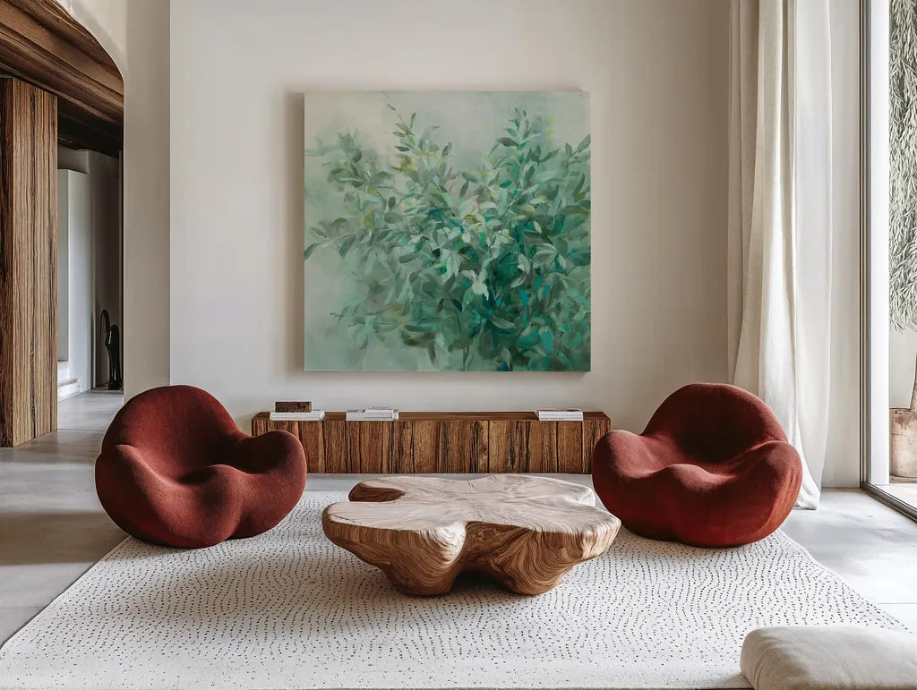 Bay Laurel Neytral Flipped by Danhui Nai. Shown as extra-large giant wall art in a modern living room. Available as an archival giclee rolled canvas, fine art paper, or poster print. SKU 59128a.