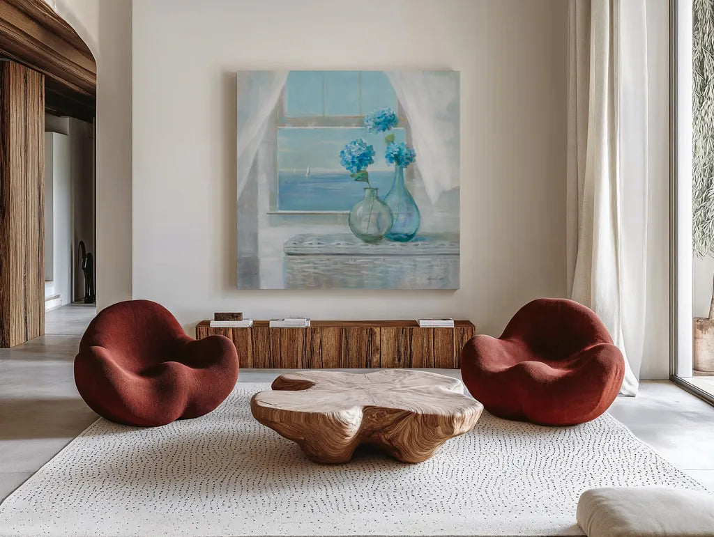 Beach House Hydrangeas by Danhui Nai. Shown as extra-large giant wall art in a modern living room. Available as an archival giclee rolled canvas, fine art paper, or poster print. SKU 70938a.