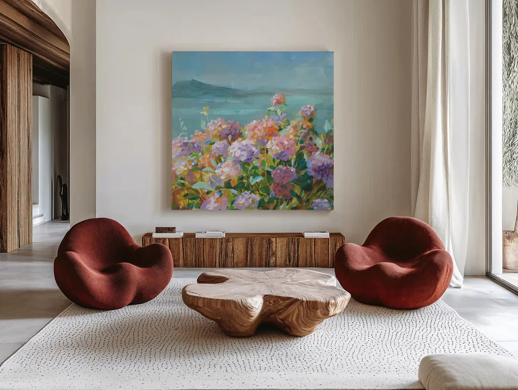 Beach Hydrangeas by Danhui Nai. Shown as extra-large giant wall art in a modern living room. Available as an archival giclee rolled canvas, fine art paper, or poster print. SKU 81928a.