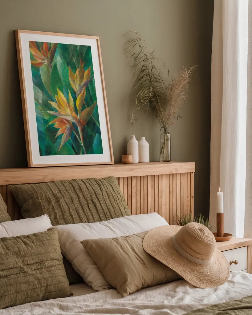 Bird of Paradise II Crop by Danhui Nai. shown as a paper print in a natural frame. Available as a archival giclee rolled canvas, fine art paper, or poster print. SKU 54062h.