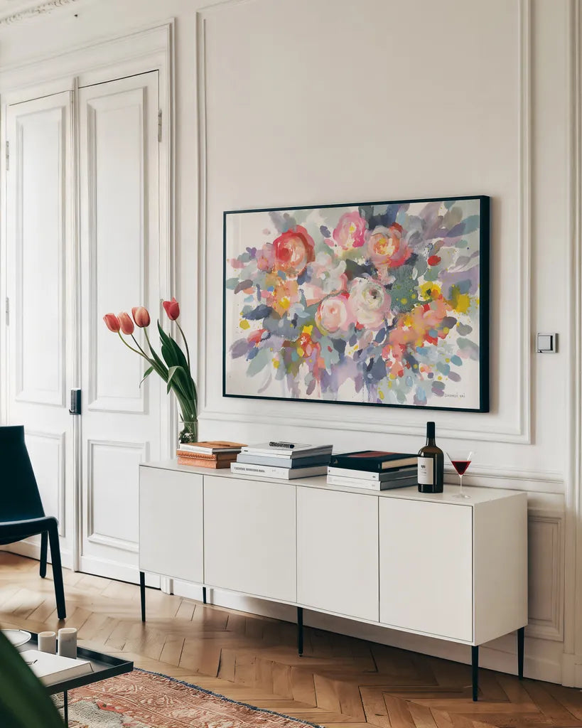 Bloom Burst by Danhui Nai. shown as a framed stretched canvas in a living room above a console. Available as a archival giclee rolled canvas, fine art paper, or poster print. SKU 69677i.