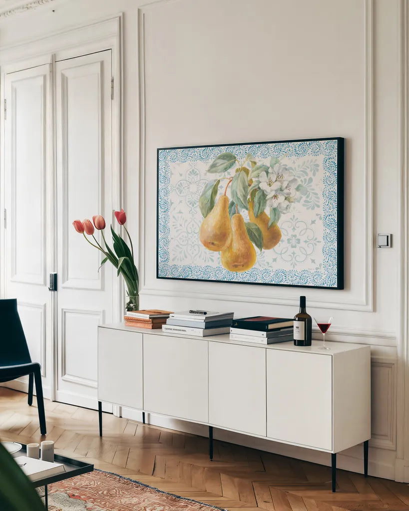 Blooming Orchard I by Danhui Nai. shown as a framed stretched canvas in a living room above a console. Available as a archival giclee rolled canvas, fine art paper, or poster print. SKU 78490i.