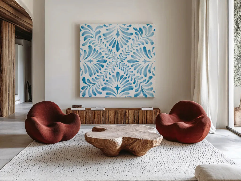 Blooming Orchard Tile VI by Danhui Nai. Shown as extra-large giant wall art in a modern living room. Available as an archival giclee rolled canvas, fine art paper, or poster print. SKU 78500a.