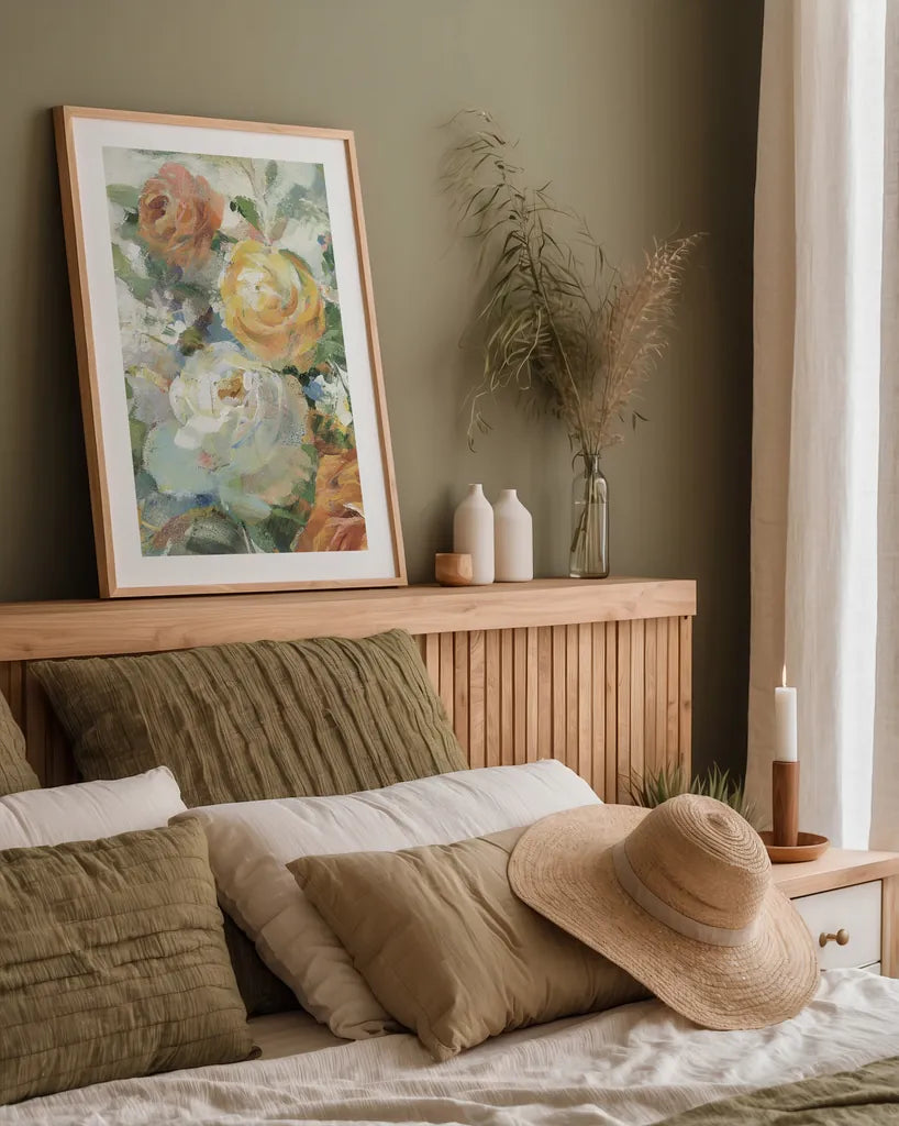 Blooming Splendor I Panel I by Danhui Nai. shown as a paper print in a natural frame. Available as a archival giclee rolled canvas, fine art paper, or poster print. SKU 99172h.