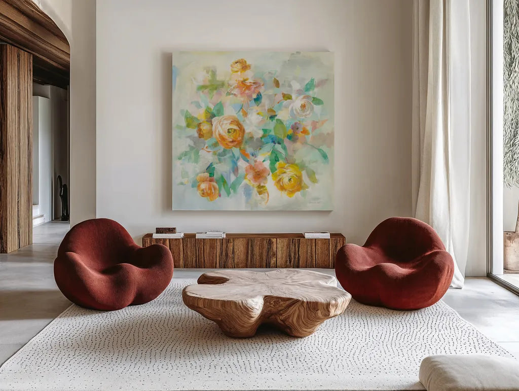 Blooming Splendor V by Danhui Nai. Shown as extra-large giant wall art in a modern living room. Available as an archival giclee rolled canvas, fine art paper, or poster print. SKU 59190a.