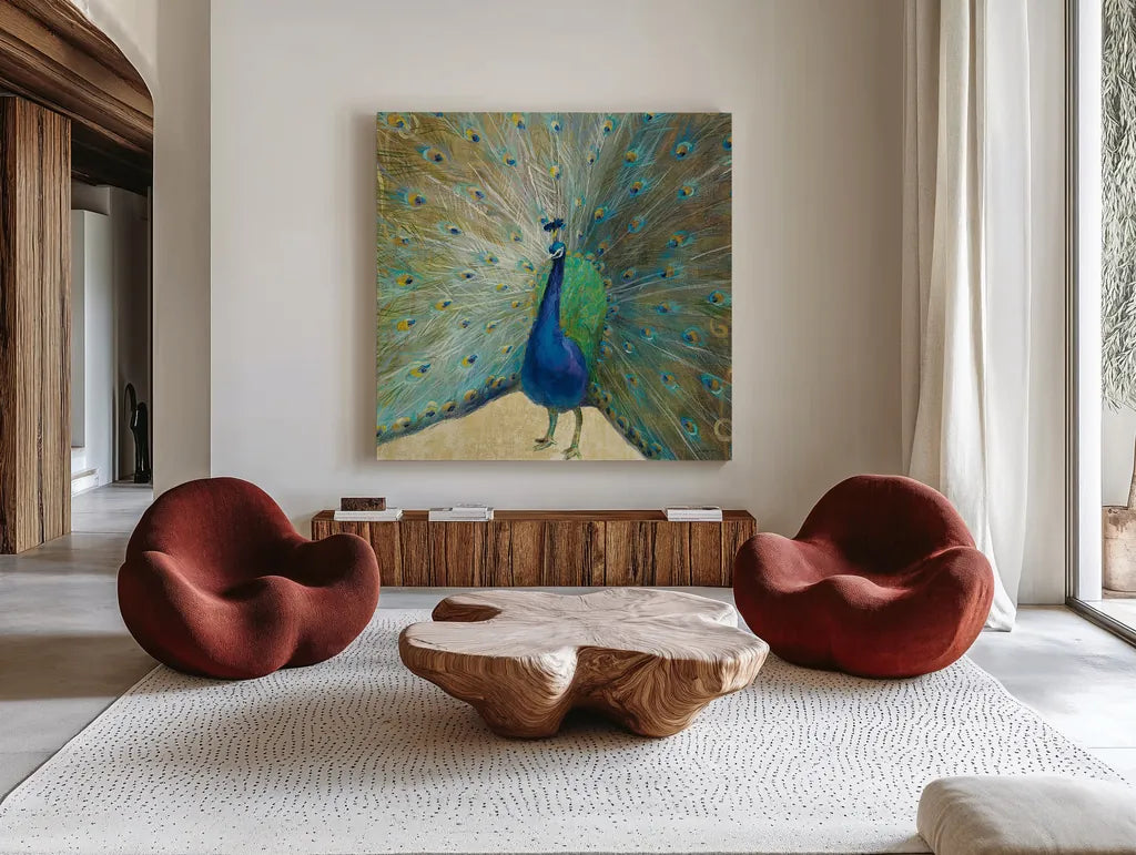 Blue Peacock Cream by Danhui Nai. Shown as extra-large giant wall art in a modern living room. Available as an archival giclee rolled canvas, fine art paper, or poster print. SKU 28519a.