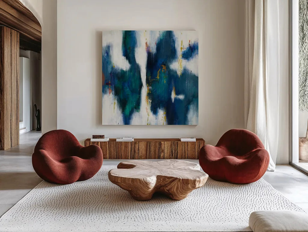 Blue Texture I by Danhui Nai. Shown as extra-large giant wall art in a modern living room. Available as an archival giclee rolled canvas, fine art paper, or poster print. SKU 47249a.