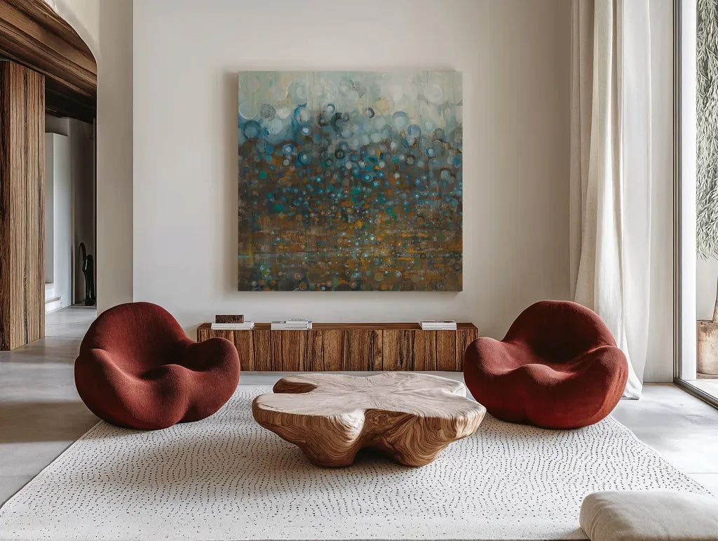 Blue and Bronze Dots by Danhui Nai. Shown as extra-large giant wall art in a modern living room. Available as an archival giclee rolled canvas, fine art paper, or poster print. SKU 28386a.