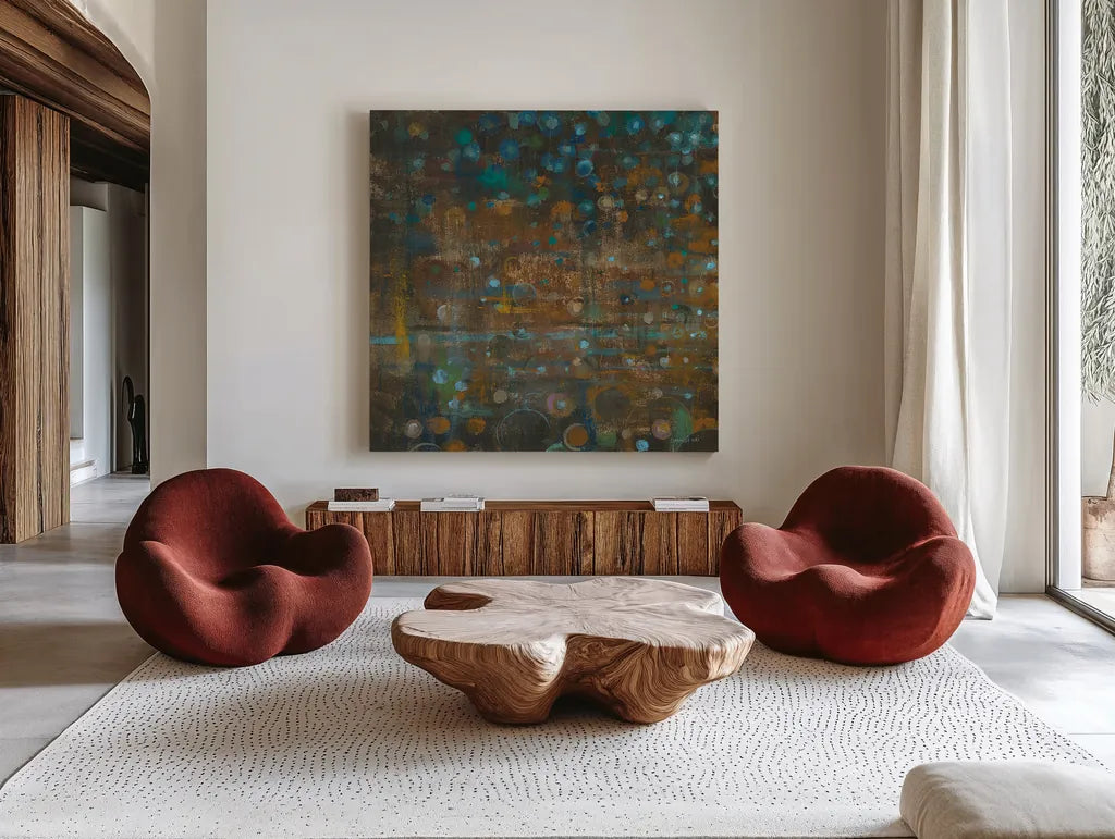 Blue and Bronze Dots IX by Danhui Nai. Shown as extra-large giant wall art in a modern living room. Available as an archival giclee rolled canvas, fine art paper, or poster print. SKU 29771a.