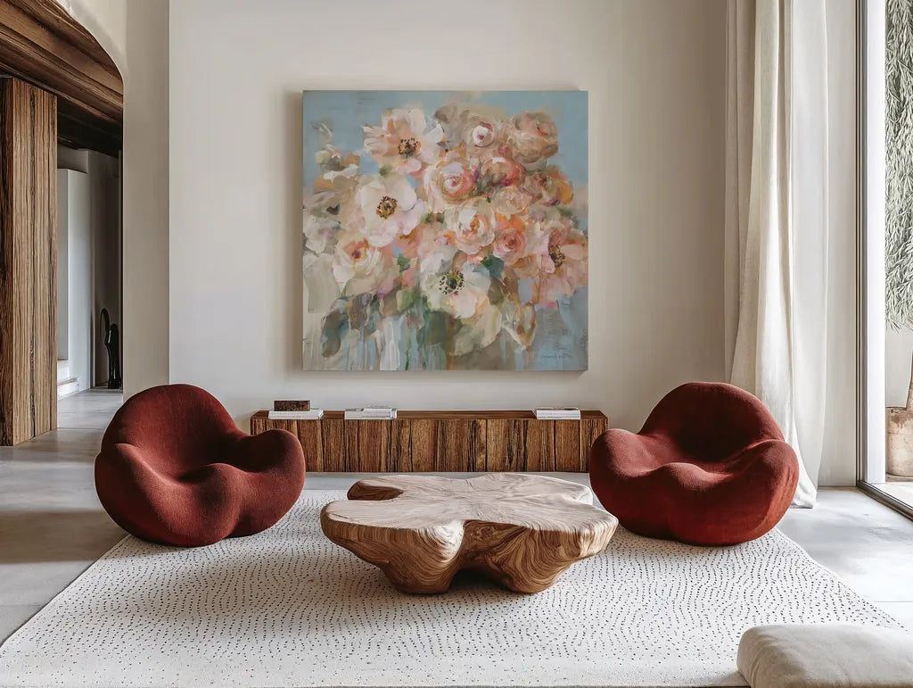 Blushing Bouquet by Danhui Nai. Shown as extra-large giant wall art in a modern living room. Available as an archival giclee rolled canvas, fine art paper, or poster print. SKU 78543a.