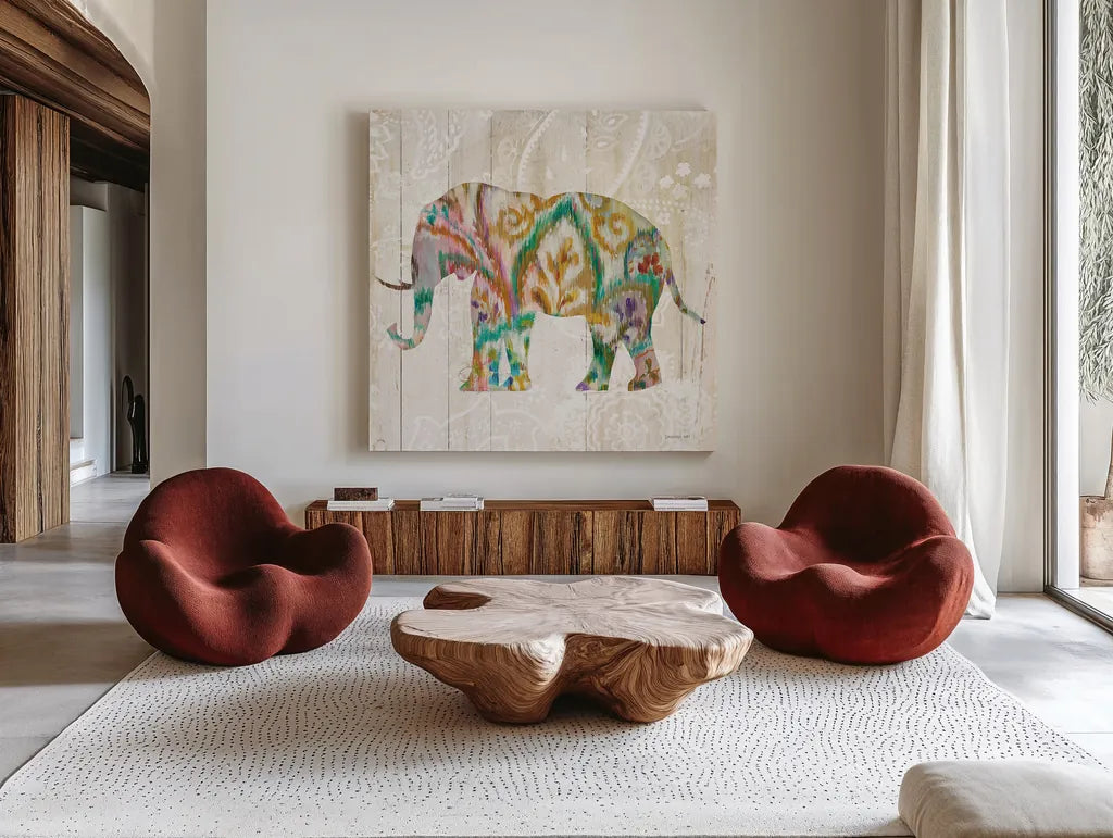 Boho Paisley Elephant II v2 by Danhui Nai. Shown as extra-large giant wall art in a modern living room. Available as an archival giclee rolled canvas, fine art paper, or poster print. SKU 34515a.