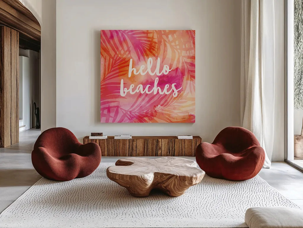 Boho Tropical Sign II by Danhui Nai. Shown as extra-large giant wall art in a modern living room. Available as an archival giclee rolled canvas, fine art paper, or poster print. SKU 72051a.