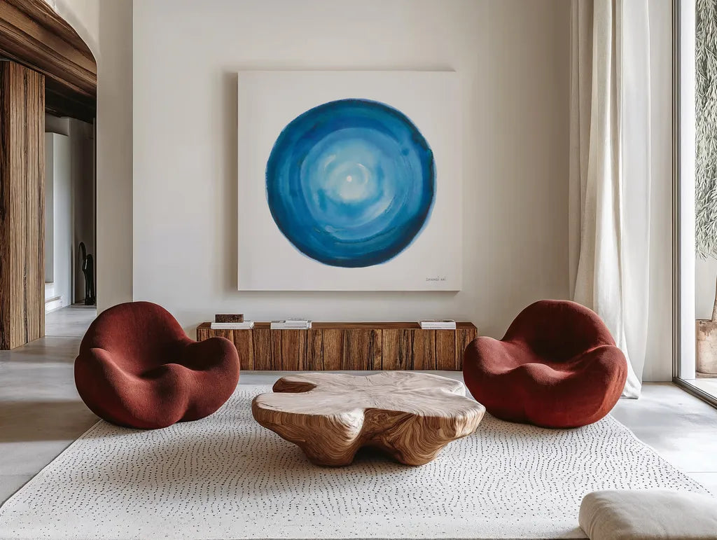 Center of Blue II by Danhui Nai. Shown as extra-large giant wall art in a modern living room. Available as an archival giclee rolled canvas, fine art paper, or poster print. SKU 76094a.