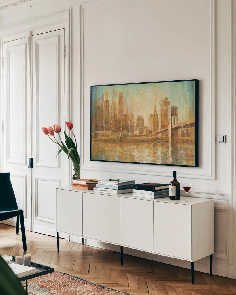Champagne City Crop by Danhui Nai. shown as a framed stretched canvas in a living room above a console. Available as a archival giclee rolled canvas, fine art paper, or poster print. SKU 23906i.
